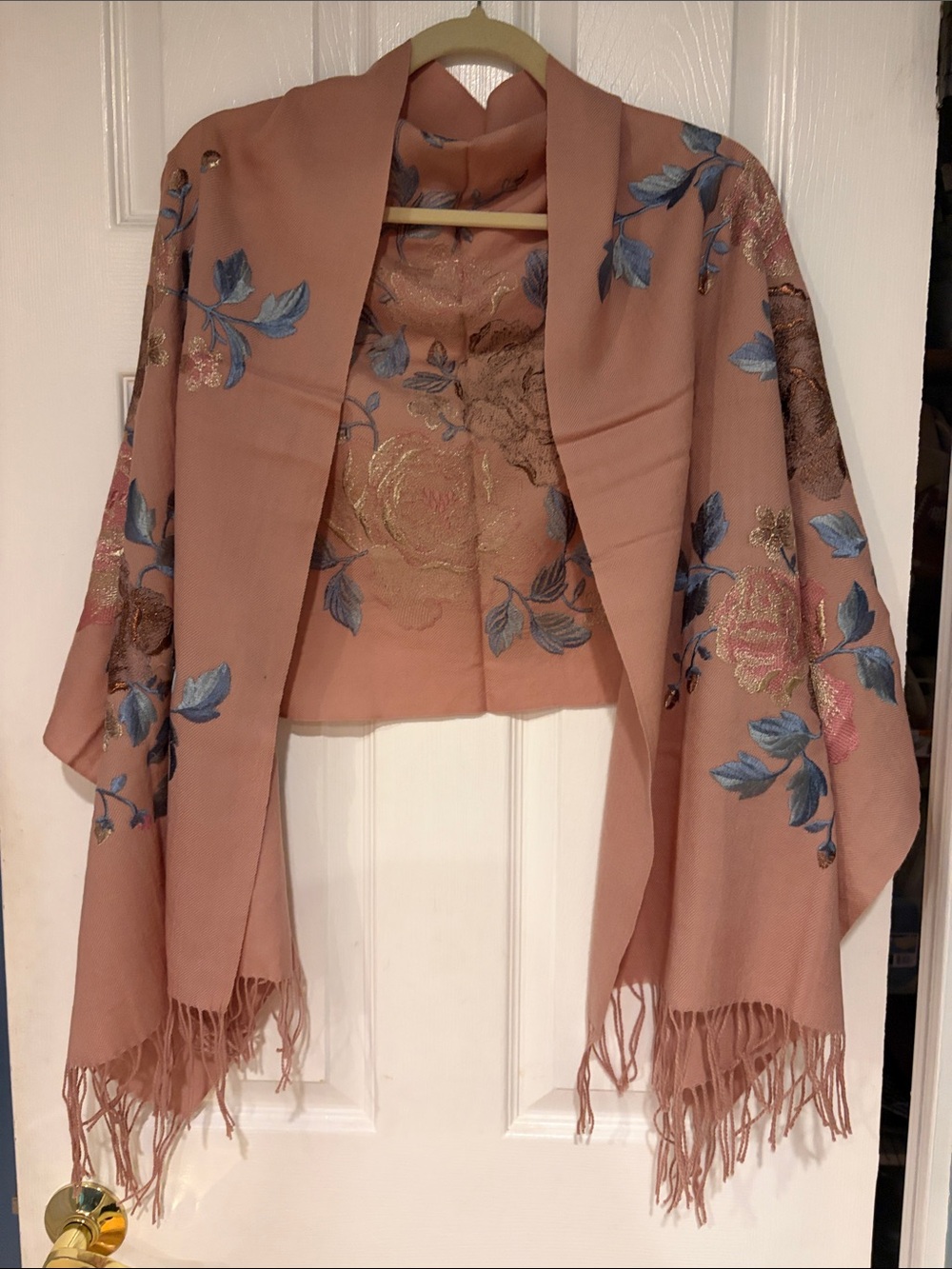 pashmina Blush Pink Wool Scarf with Subtle Floral Embroidery